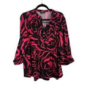 Cocomo Black Pink Floral Liquid Knit Slinky Popover Blouse Y2K Womens Plus 2x